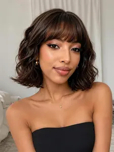 10-Inch Deep Wavy Bangs Bob Wig, Perfect for Daily Wear, Office, Casual Lunch, Synthetic Wigs, All Seasons