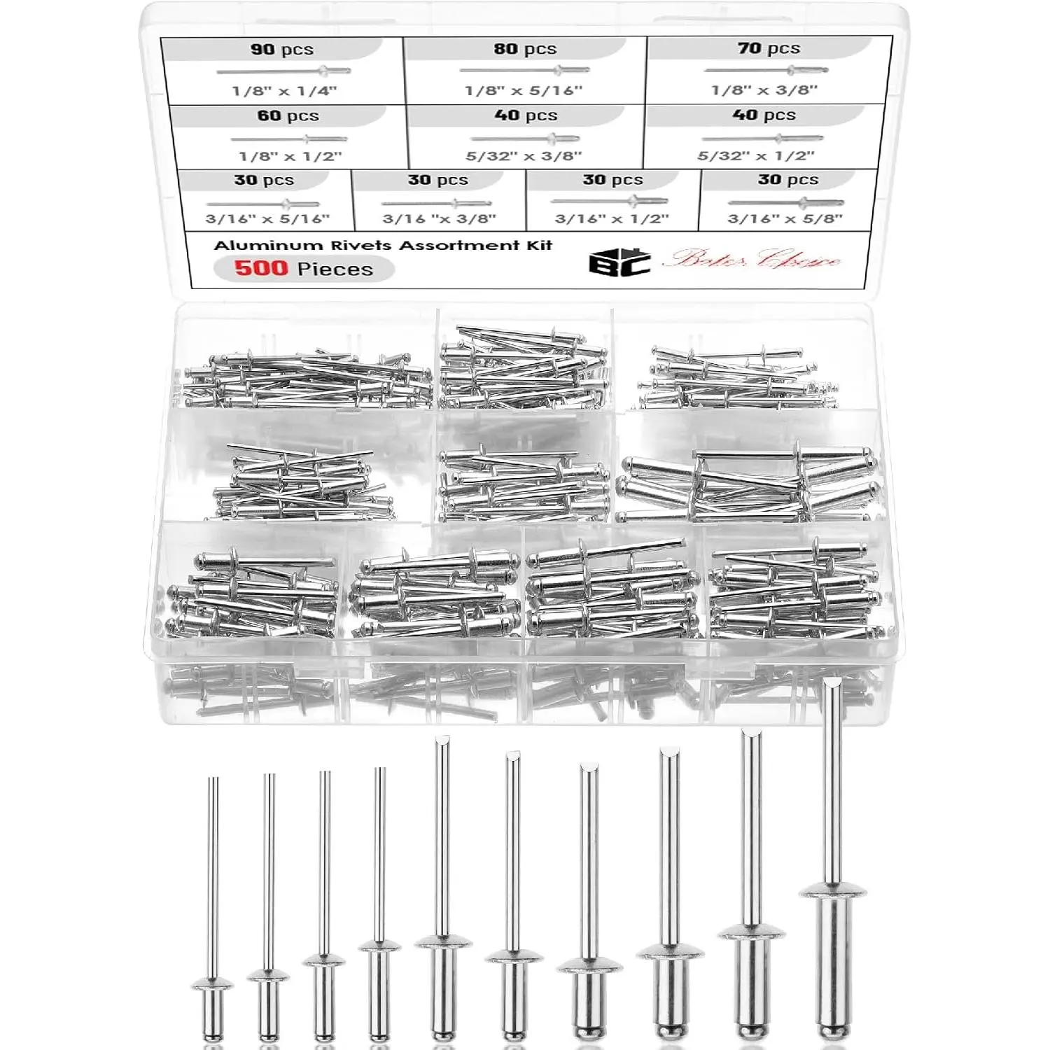 - Pop Rivets  Kit, 500 count, 10 sizes, 1/8", 3/16", 5/32", ,  Rivets, Rivet  Kit, Pop Rivet Kit, Blind Rivets for Metal, Rivet Box, Rivets , Rivets Kit