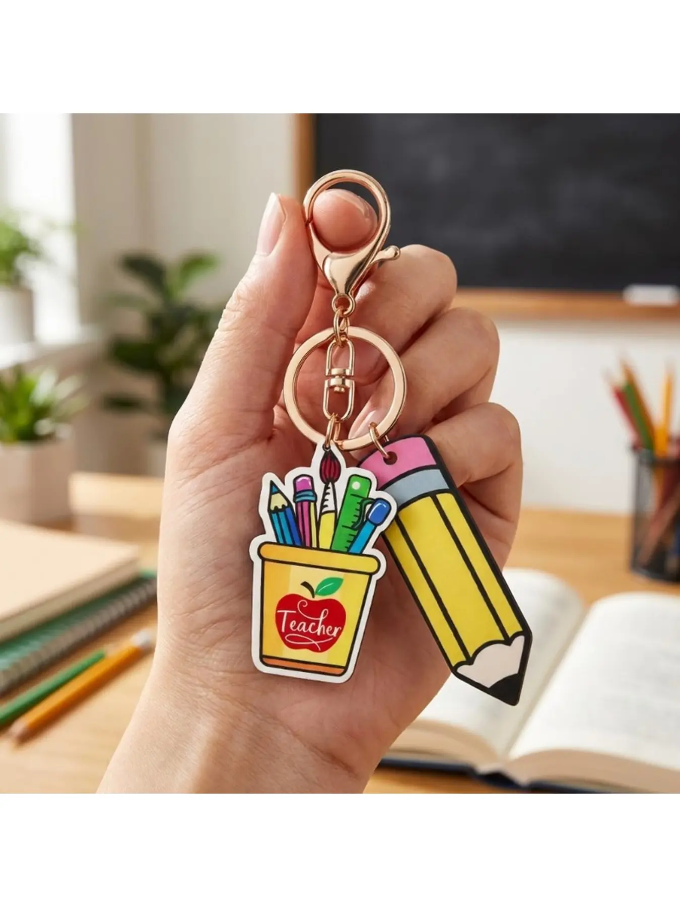 Teacher Keychain with Pencil & Apple Charms, Cute Heart Tassel Bag Pendant Stationery Key Chain, Back to School Teacher Appreciation Gift, Lovely Present for Teachers, Friends, Family & Teacher Lovers