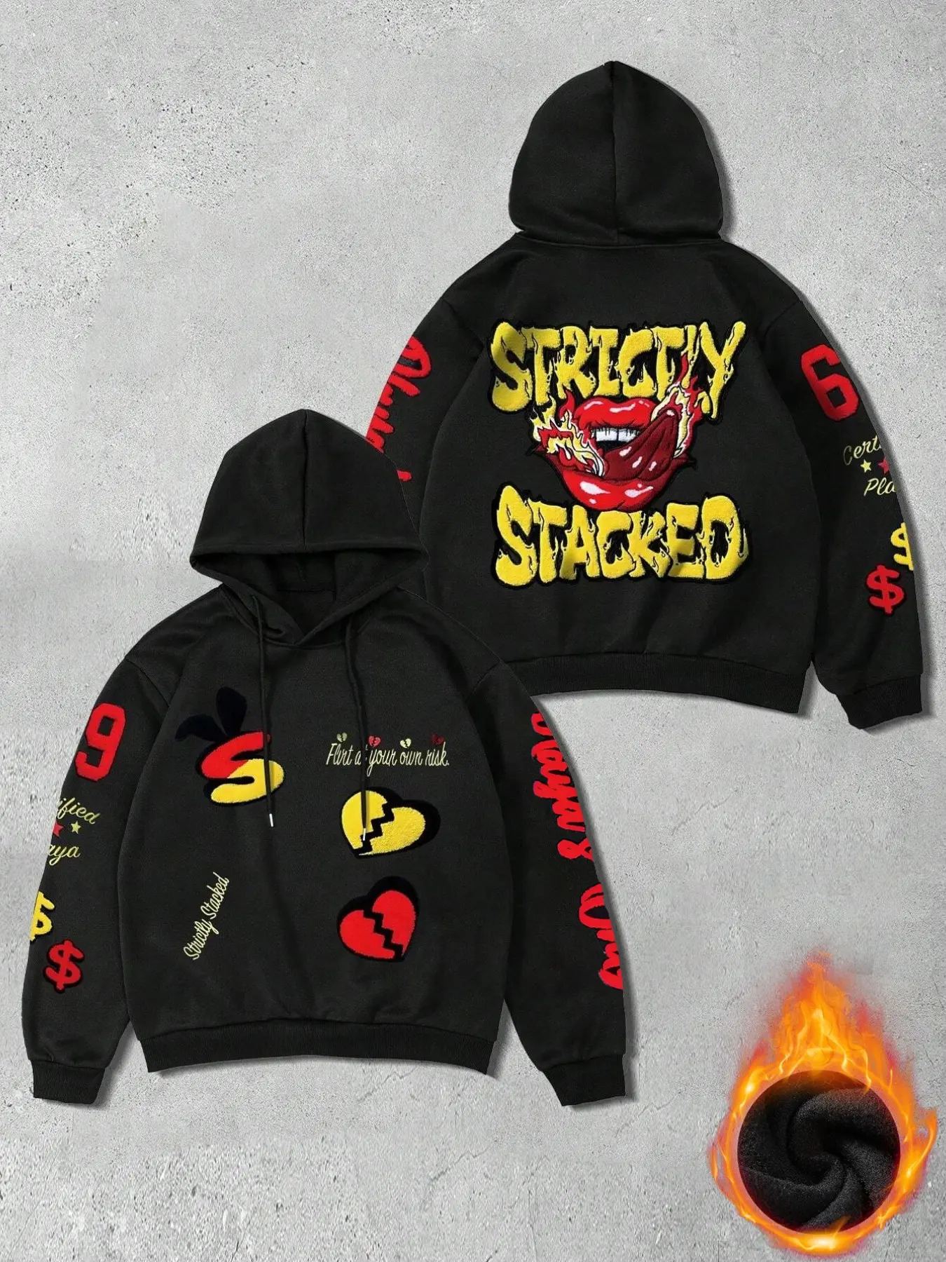 Unisex Y2K Retro Flame Lip Hoodie, Thick Fleece Material, Heart Rabbit Print, Fire Lip Design, Fall Winter Hip Hop Sweatshirt