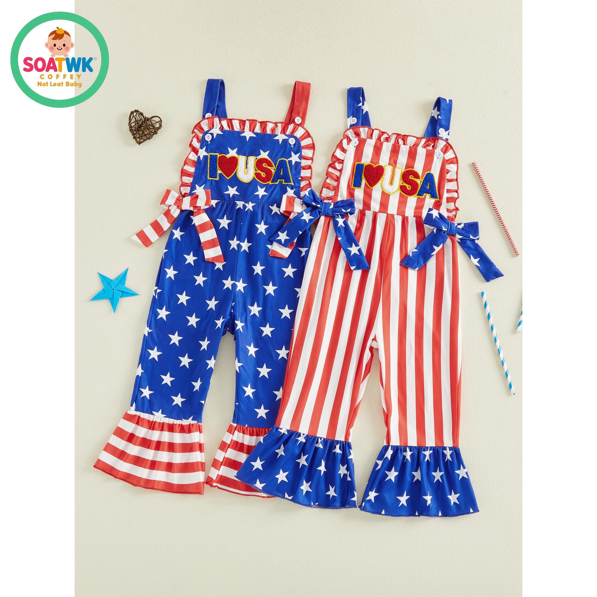Baby Girl Fourth of July Romper Sleeveless Stars and Stripes Print Bow Jumpsuit Toddler Overalls