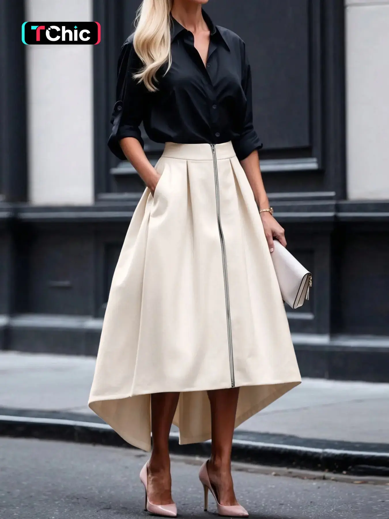 Women Collared Button Down Shirt & High Waist Irregular Midi Skirt Set, Roll Long Sleeve Top Front Zipper Pleated Skirt With Pockets, Elegant Daily Office Two Piece Outfit