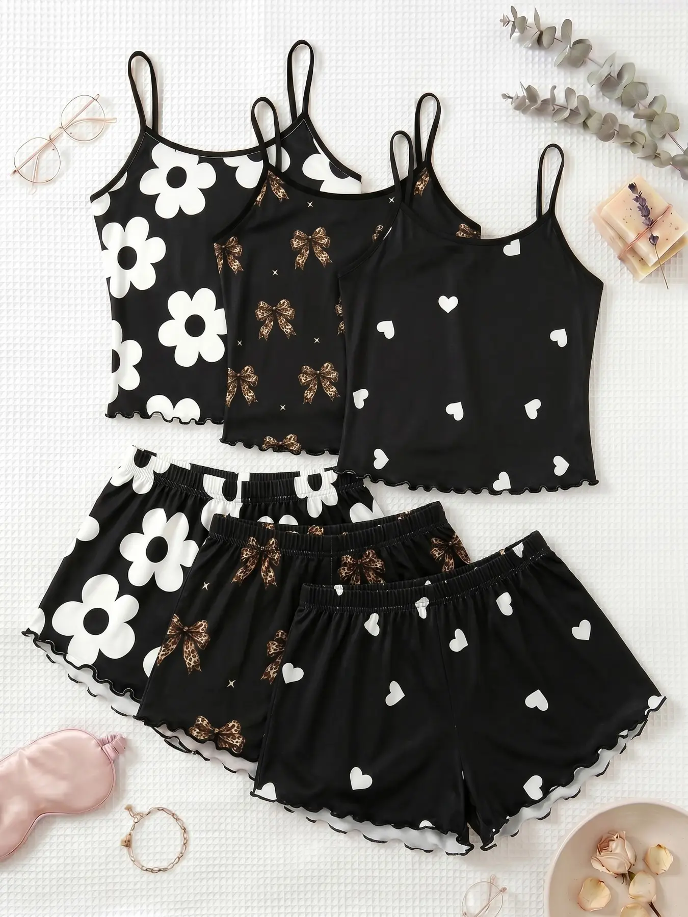 3-Piece Spaghetti Strap Pajama Set, Heart Print Sleeveless Shorts, Sweet Cool Girl Style, Breathable Home Sleepwear, Slim-Fitting, All Seasons, Loungewear