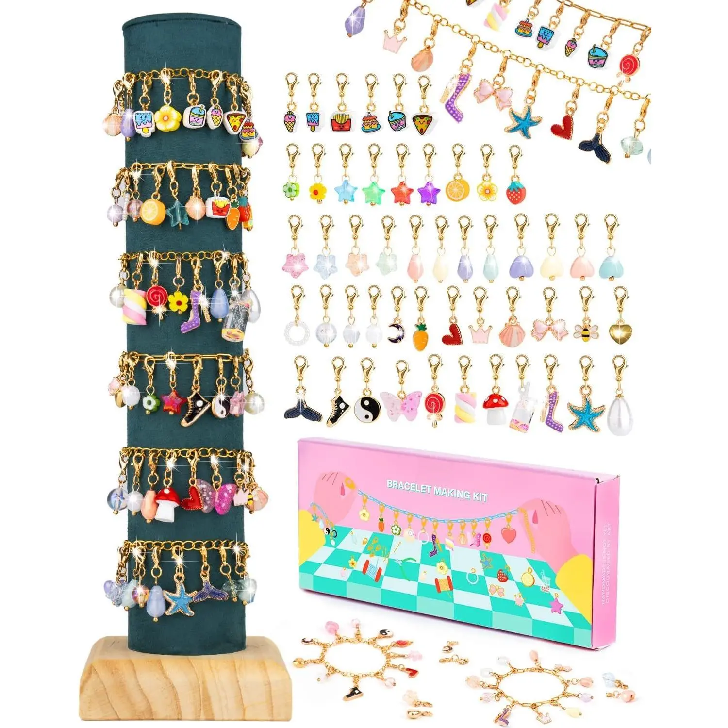 Charm Bracelet Making Kit for Girls, Clip  Charms Kit for Bracelets, Charms for Bracelets with Clasp, Chain Bracelet Set for Girls, Ages 5-12
