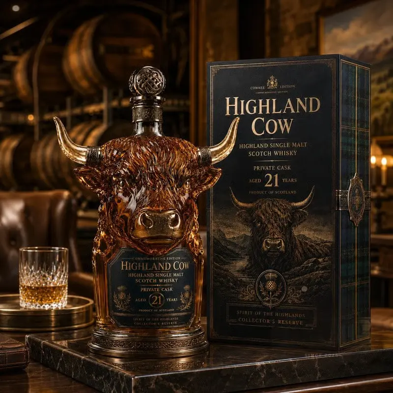 Highland Cow 21 Years Private Cask Single Malt Scotch Whisky, Collectible Decanter with Vintage Metal Stopper, Luxury Gift Bottle