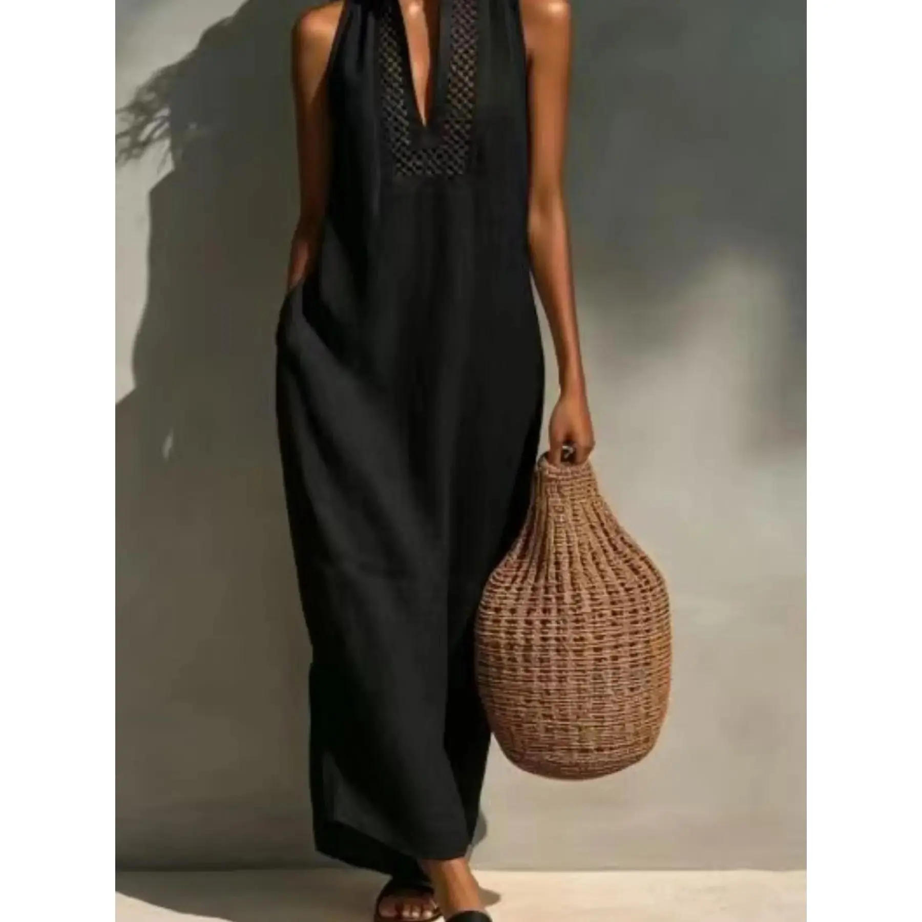 Stand Collar Hollow Out Embroidered Linen Long Dress, Natural Texture Breathable Dry, Coastal Beach Vacation Style, Relaxed Casual Look