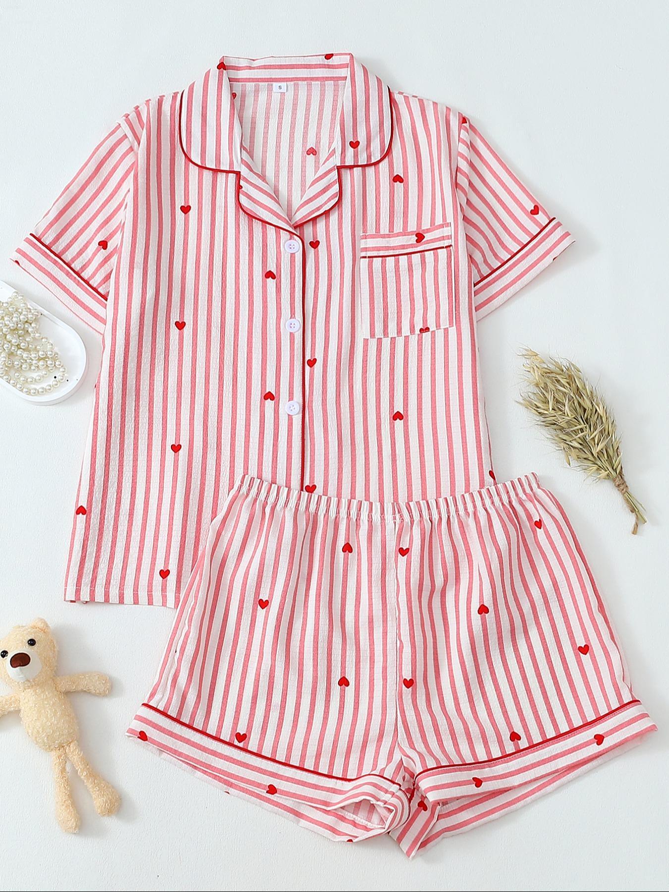 Valentine's Day Spring Summer Romantic Blue Striped Heart Elegant Short Sleeve Shorts Pajama Set for Women, Cute Fitted Homewear Loungewear Nightwear