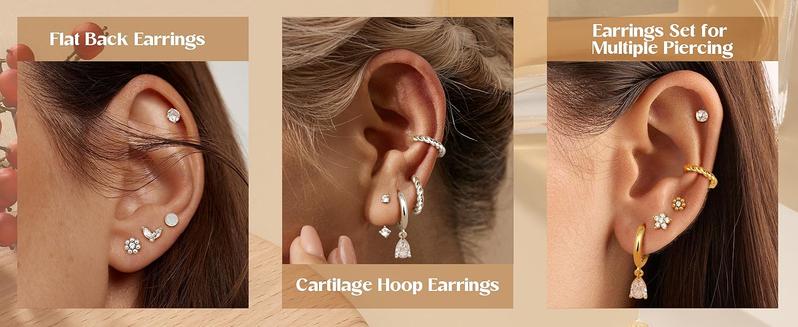 ZELORES  9 Pairs Flat Back Stud Earrings for Women Stainless Steel Helix Cartilage Stacks Hoop Stud Earring Sets for Multiple Piercing 18K Gold Plated Flat Back Earrings  Trendy Sterling Silver