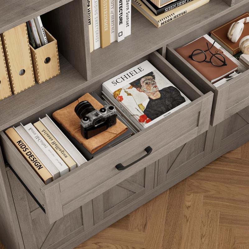 HOSTACK 71" Tall Bookcase with Drawers and Doors, 47" Wide Book Shelf and Bookcase with Storage, 6 Tier Large Book Storage Cabinet with 14" Deep Display Shelves Living Room White FathersDayGift