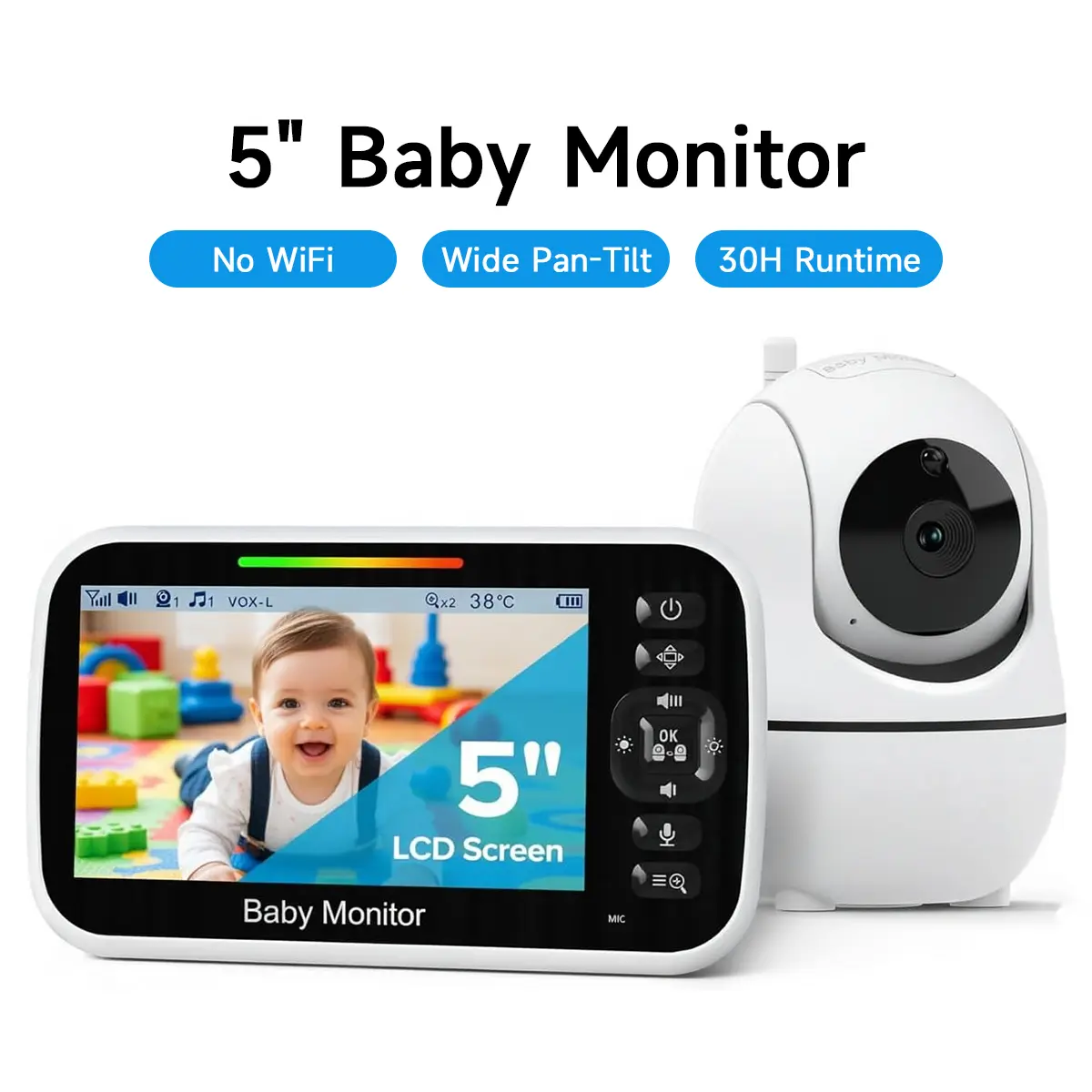 5" Baby Monitor with Camera and Audio| No WiFi Secure FHSS, 30-Hour Battery, Remote PTZ, Auto Night Vision, Room Temperature, Two-Way Audio,Lullabies,1000ft Range