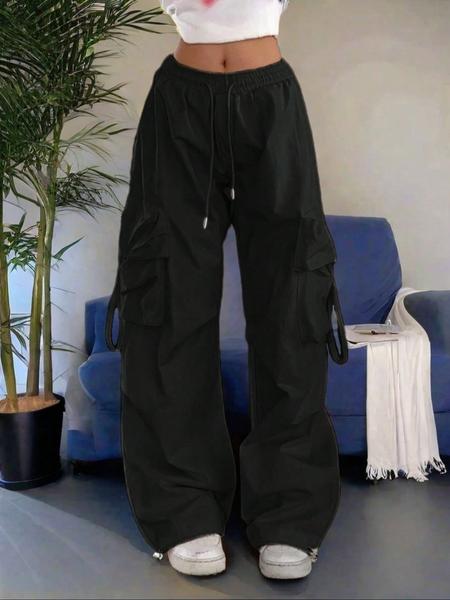 High Waist Drawstring Comfortable Wide Leg Cargo Pants, Casual Sporty Trousers, Elastic Cuffs and Fold over Pockets for Casual Street Style