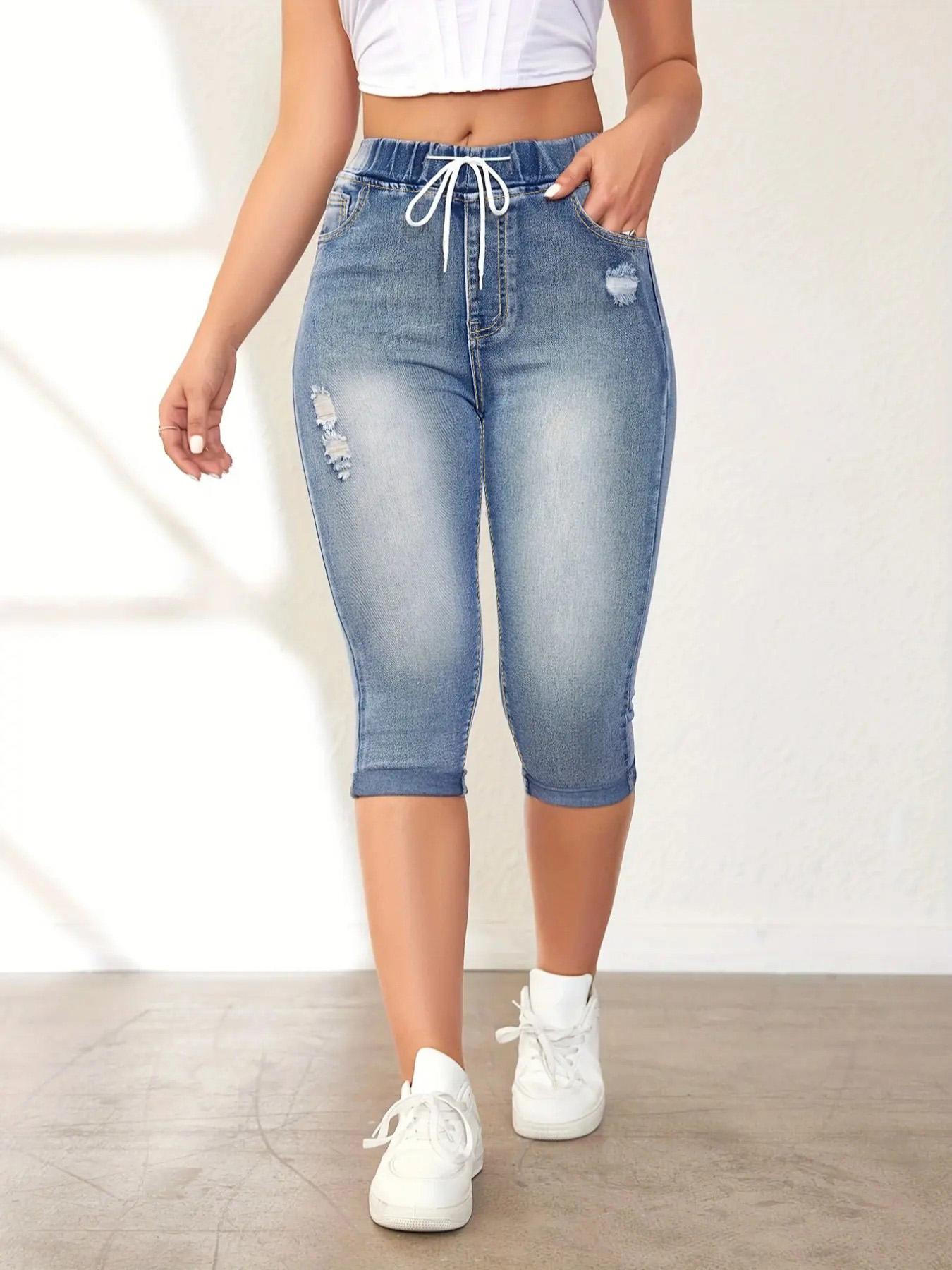 Women's Solid Drawstring Waist Ripped Capris Jeans, Casual Faded High Waist Denim Skinny Cropped Pants for Daily Wear, Ladies Bottoms for All Seasons