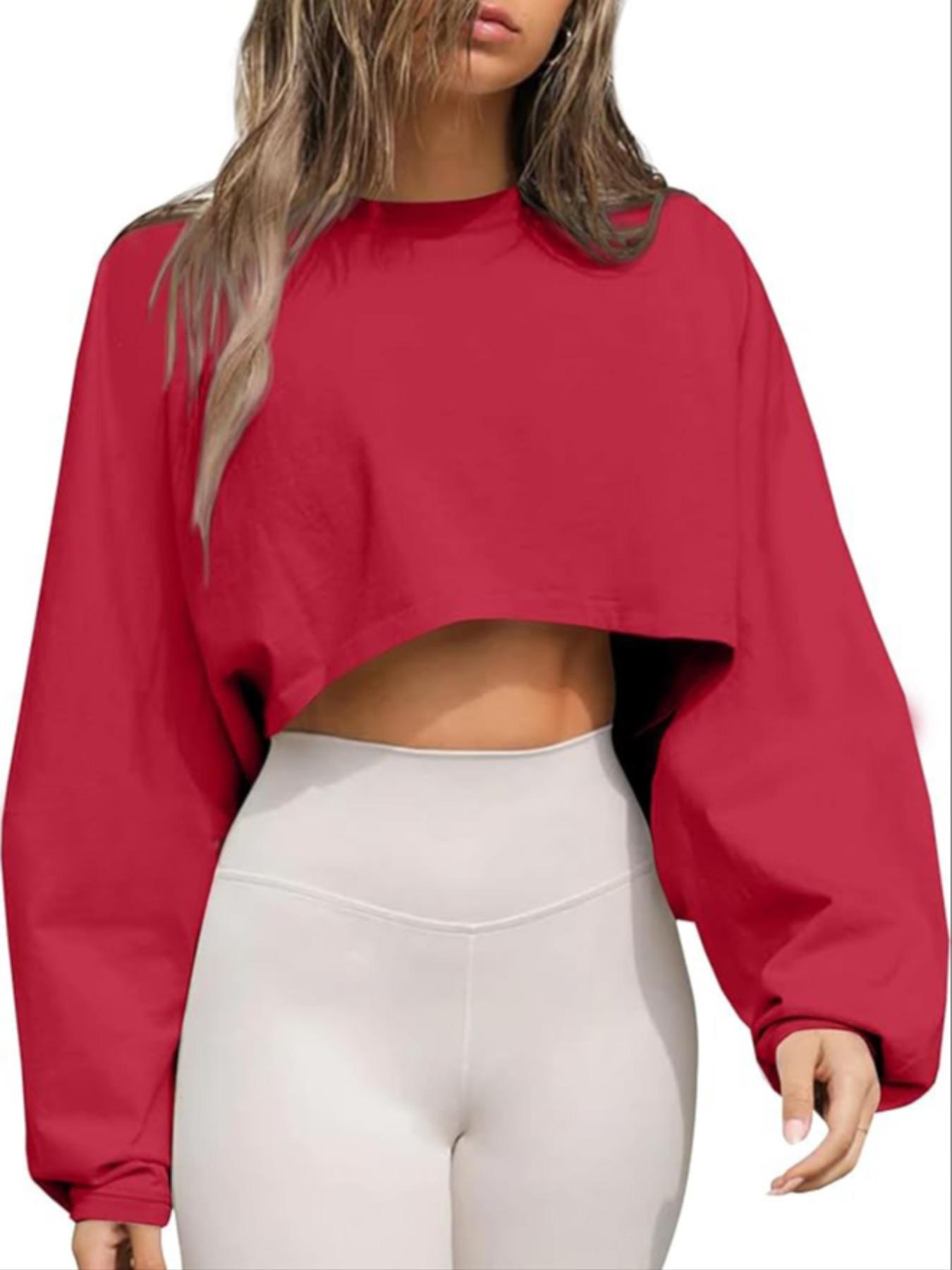 Women's Long Sleeve Round Neck Crop Top T-Shirt, Casual Solid Color Loose Pullover Sweatshirt, Perfect for Sports & Daily Wear, Casual Sporty Top