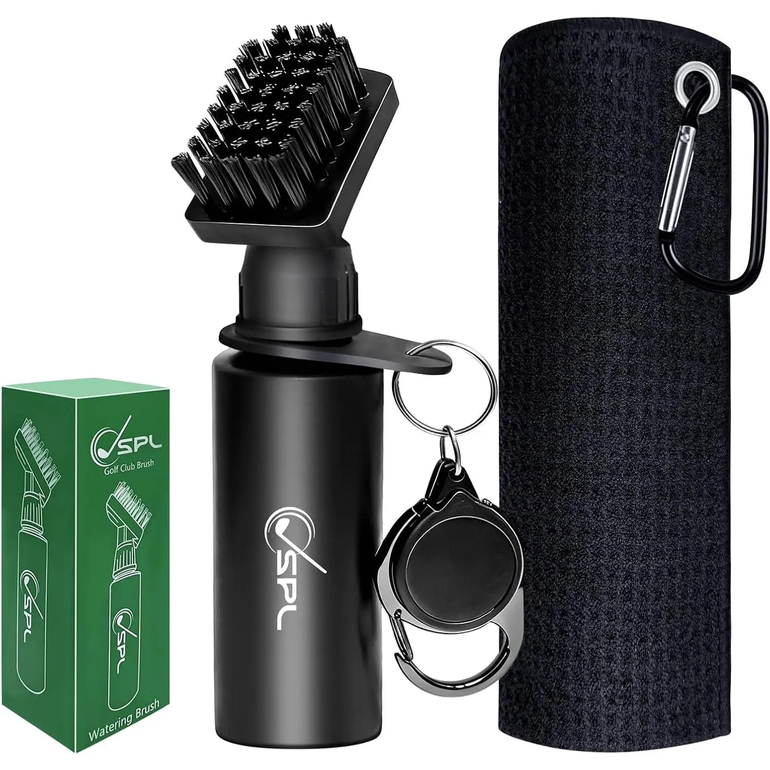 Golf Towel and Golf Club Brush Cleaner Set, 16x16 Inch Premium Microfiber Golf Towel, Golf Club Cleaning Brush with Retractable Clip & Squeeze Water Bottle, Essentials Golf Accessories for Men