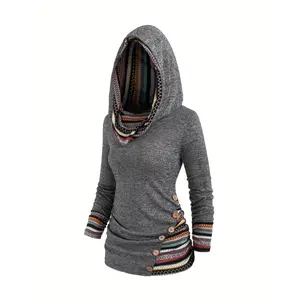 [Stylish Printed Hoodie] Stylish Women's Printed Hoodie |   Long Sleeves, Striped Patchwork, Button Details