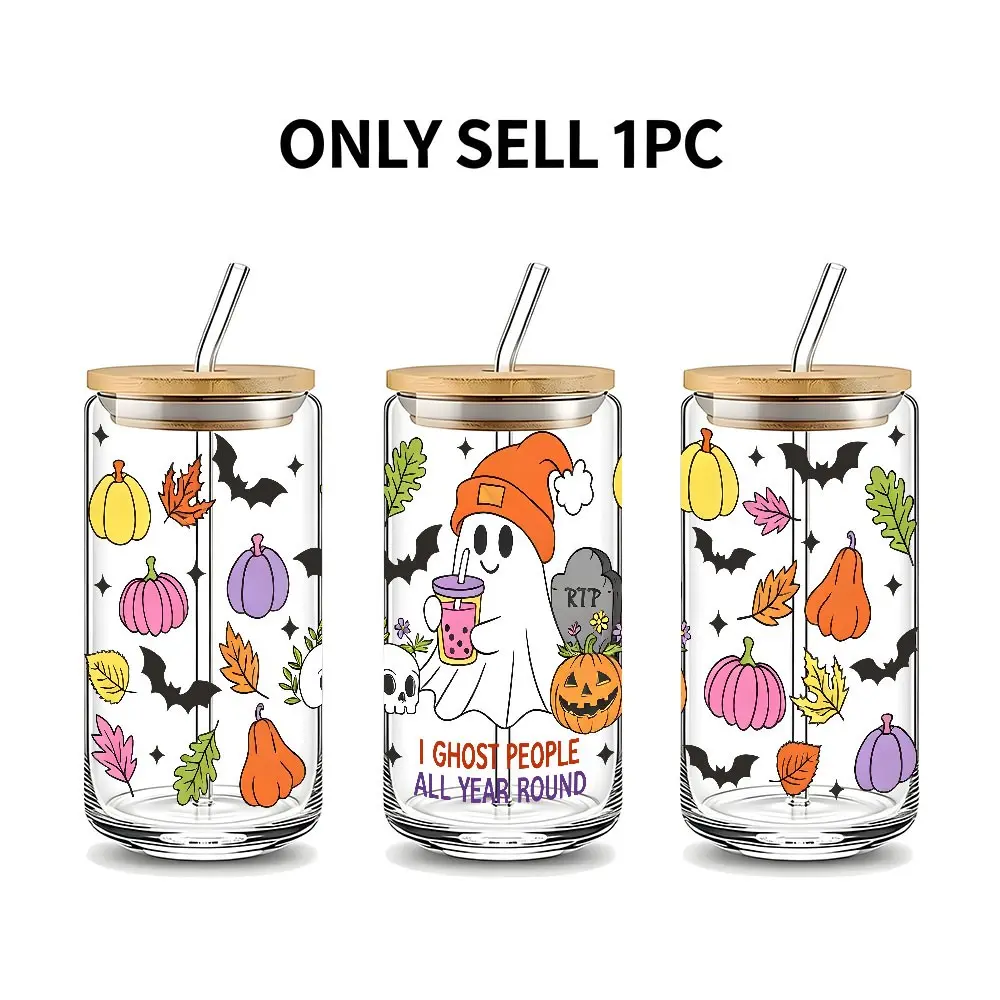 Cute Ghost Fall Halloween 16oz Glass Can Cup with Lid and Straw, Reusable Glass Drinking Cup, High-Quality Glass Jar for Iced Coffee, Hot Chocolate, Juice, Cold Drinks, Spooky Season Style Glassware, Perfect Gift for Lovers, Friend, Family
