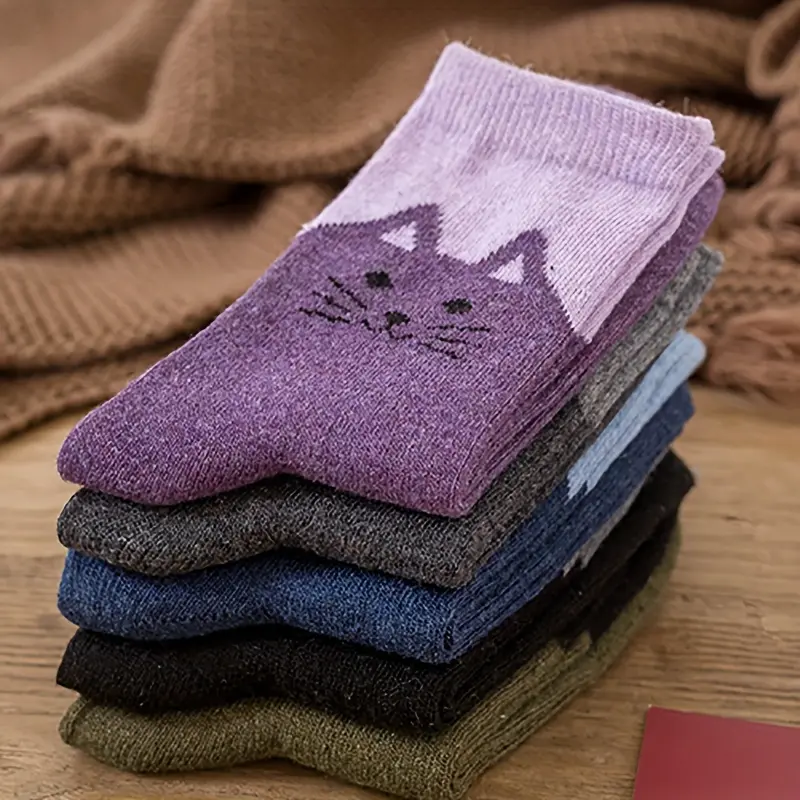 5 Pairs of Women'S Warm Socks - Thickened Winter Cute Cat Pattern in Multiple Colors (Black/Gray/Purple/Blue/Pink), Sizes 3-4 to 10 in US Sizing, Hand Wash/Dry Clean, Elegant And Comfortable Autumn-Winter Accessory, Soft Fun Patterned Socks