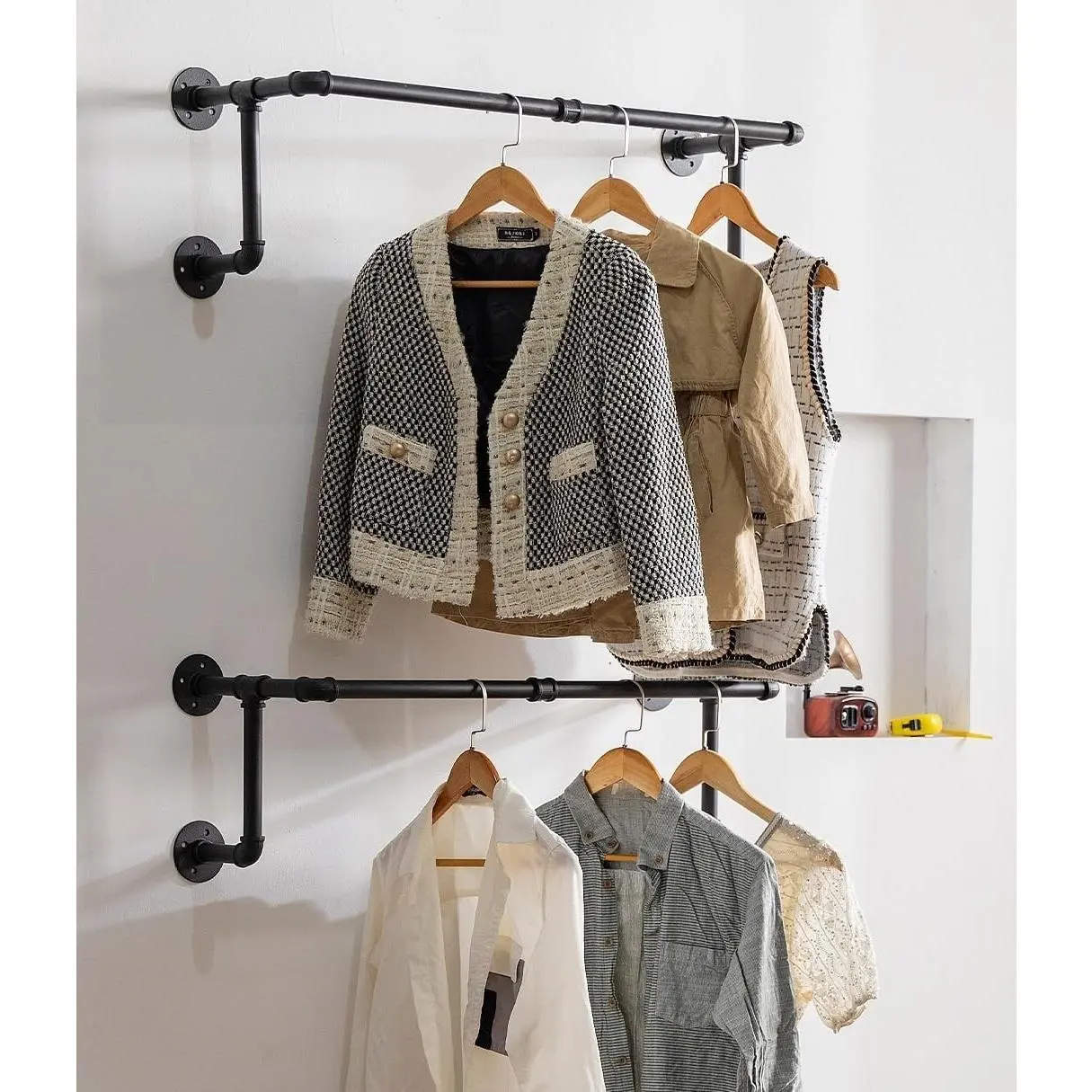 Industrial Pipe Clothing Rack, Hanging Clothes Rod, Wall Garment Rack | Heavy Duty Space Saving Clothes Bar, Metal Clothing Hanging Rails for Closet Home Bedroom Retailer Laundry, Black, 2Pcs