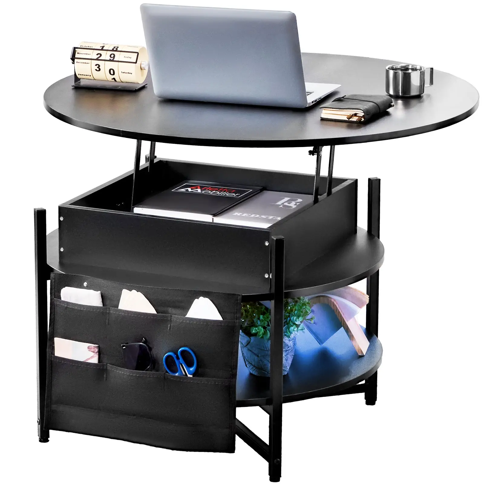 VEVOR Lift Top Round Coffee Table, 35.3 in Round Shape Table with Extra Storage Pockets, Pop Up Indoor Furniture for Living Room, Black