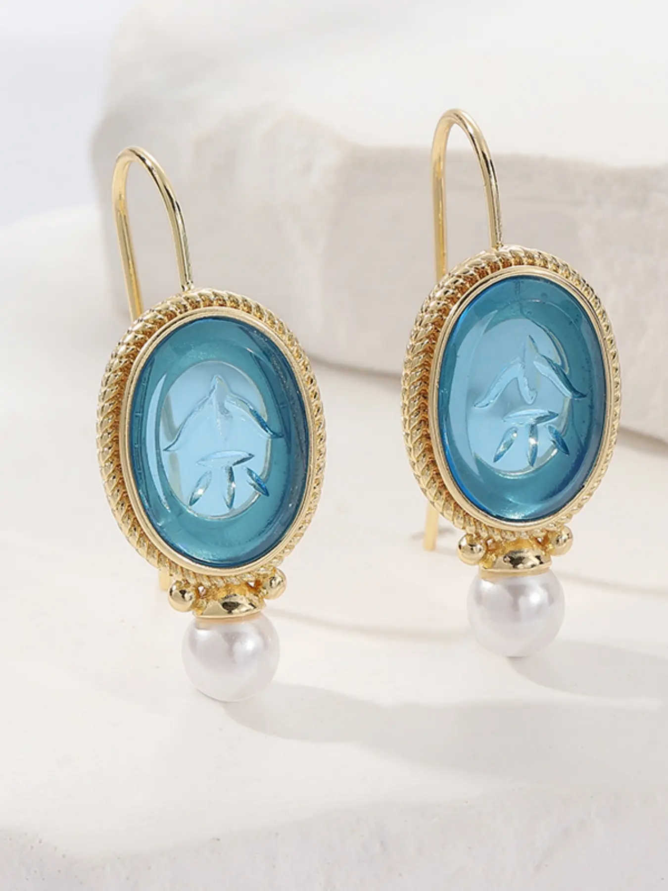 Gold Tone Blue Intaglio Cameo Earrings - Vintage Carved Stone with Pearl Drop, Elegant French Style Jewelry for Women
