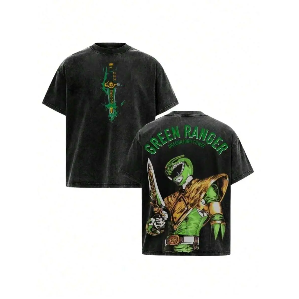 Unisex Vintage Washed Graphic T-shirt, Green Ranger Dragonzord Power Double Sided Print Crew Neck Short Sleeve Tee, Retro Power Ranger Simple Casual Streetwear Top, Soft Oversized Basic Tshirt for Outdoor Daily Travel Wear, Classic Nostalgic Cartoon State