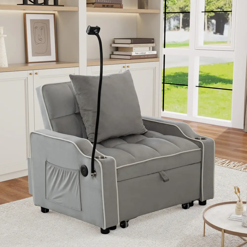 Littleox Convertible Single Chair Bed,3 in 1 Velvet Futon Sleeper Sofa Bed with Phone Holder&USB Ports,Pull Out Couch Bed,Adjustable Recliner Armchair bed for Living Room,Office,Small Places(LIGHT GRAY)