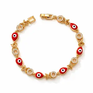 Red Evil Eye Charm  for Women – Gold Tone Protection  with Rhinestone Links, Adjustable Dainty Fashion Wrist Jewelry Gift for Daily Wear & Vacation Style