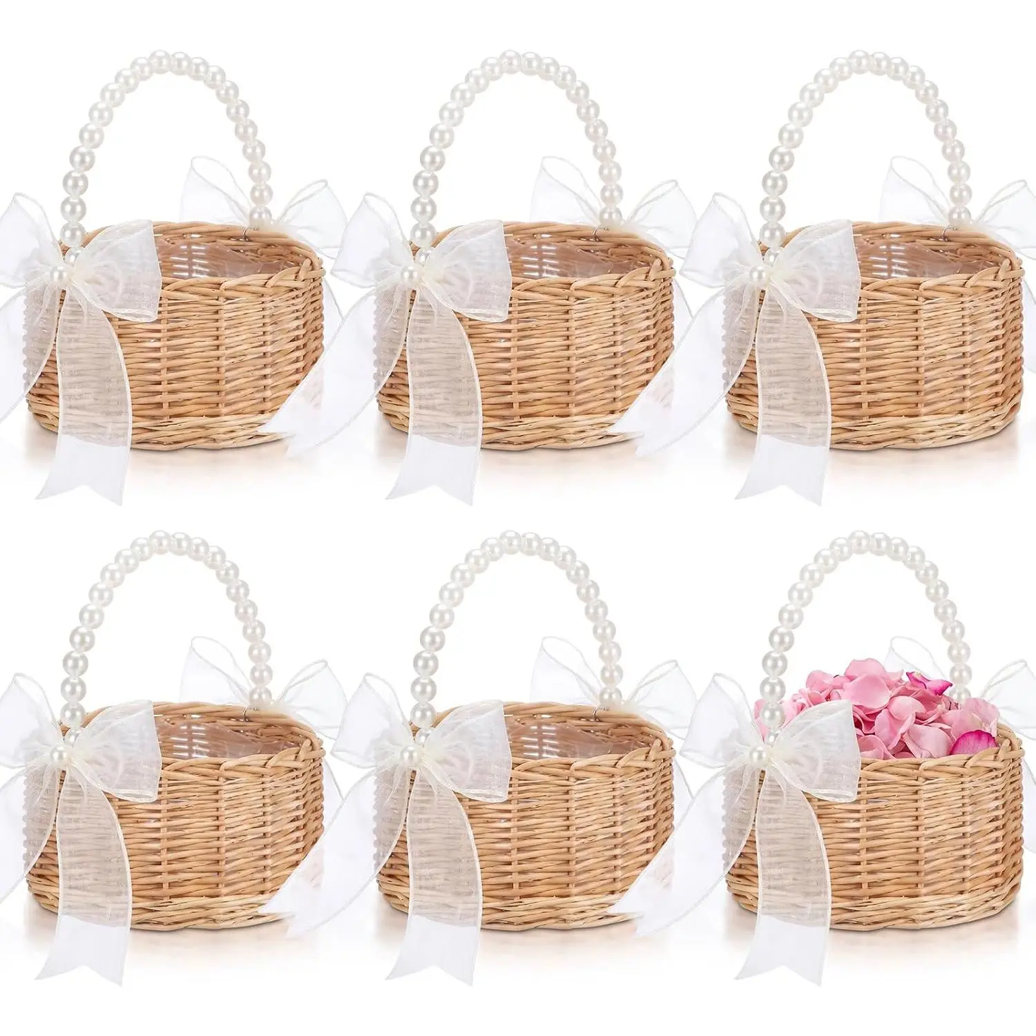 Novabright 6 Pcs Small Wicker Flower Girl Baskets with Pearl Handles and Ribbon Bows, Handwoven Rattan Willow Wedding Petal Baskets with Plastic Lining for Wedding Ceremony, Bridal Shower, Party Decor