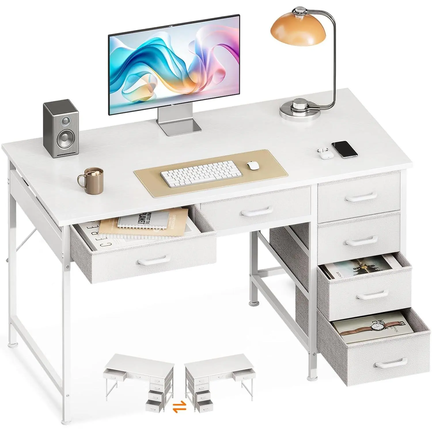 40-Inch Rectangular Small Computer Desk with 6 Drawers - Reversible Metal Frame Storage Desk, Flat Pack Home Office Work Table (White)