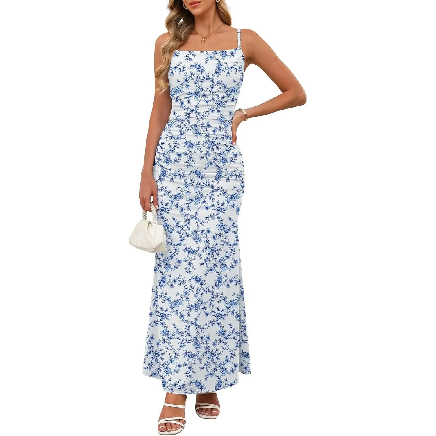 Women's Floral Maxi Dress with Spaghetti Straps, Ruched Bodycon Backless Slip Dress for Beach & Wedding Guest, Wedding Guest Dresses
