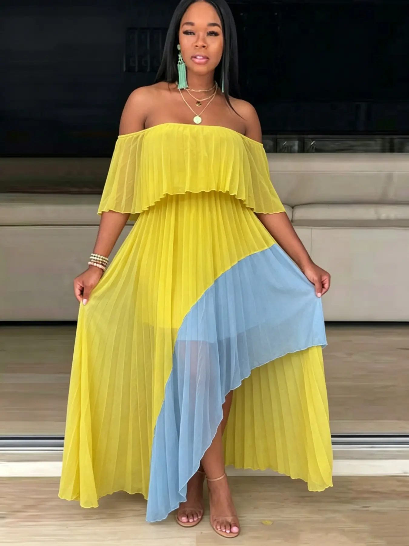 Women's Colorblock Pleated Off the Shoulder Dress, Evening Party Dresses, Elegant Split Hem Maxi Dress for Party Holiday Vacation, Ladies Clothes for All Seasons