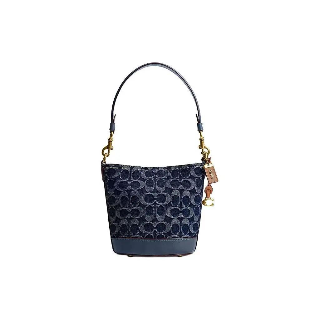 Coach Dakotah 16 Small Bucket Bag for Women – Classic Monogram Canvas and Cowhide Leather, Blue Verifiable, with credentials and supporting global authentication