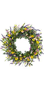 J'FLORU Spring Wreaths for Front Door 22 Inch Artificial Summer Wreath Daisy and Lavender Wreath with Wildflowers for Home Wall Farmhouse Springtime Easter Holiday Party