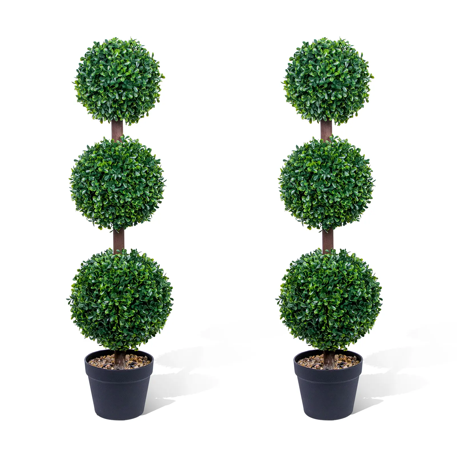 Set of 2 3FT Artificial Triple Ball Boxwood Topiary Trees with Black Planter, UV Resistant Faux Greenery for Indoor Outdoor Entryway Living Room Patio Decor, Green