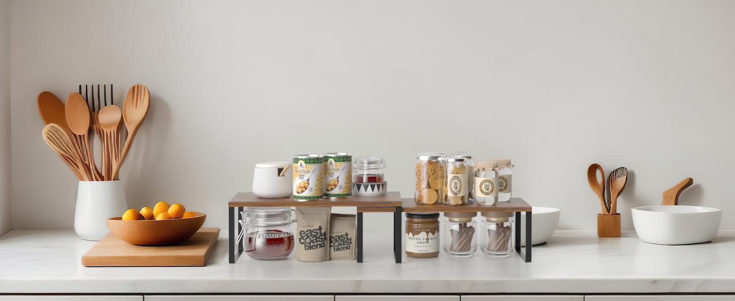 2-Pack Stackable Cabinet Shelf Organizer | Expandable Kitchen Pantry Spice Rack for Counter,Cupboard Storage | Black/Brown