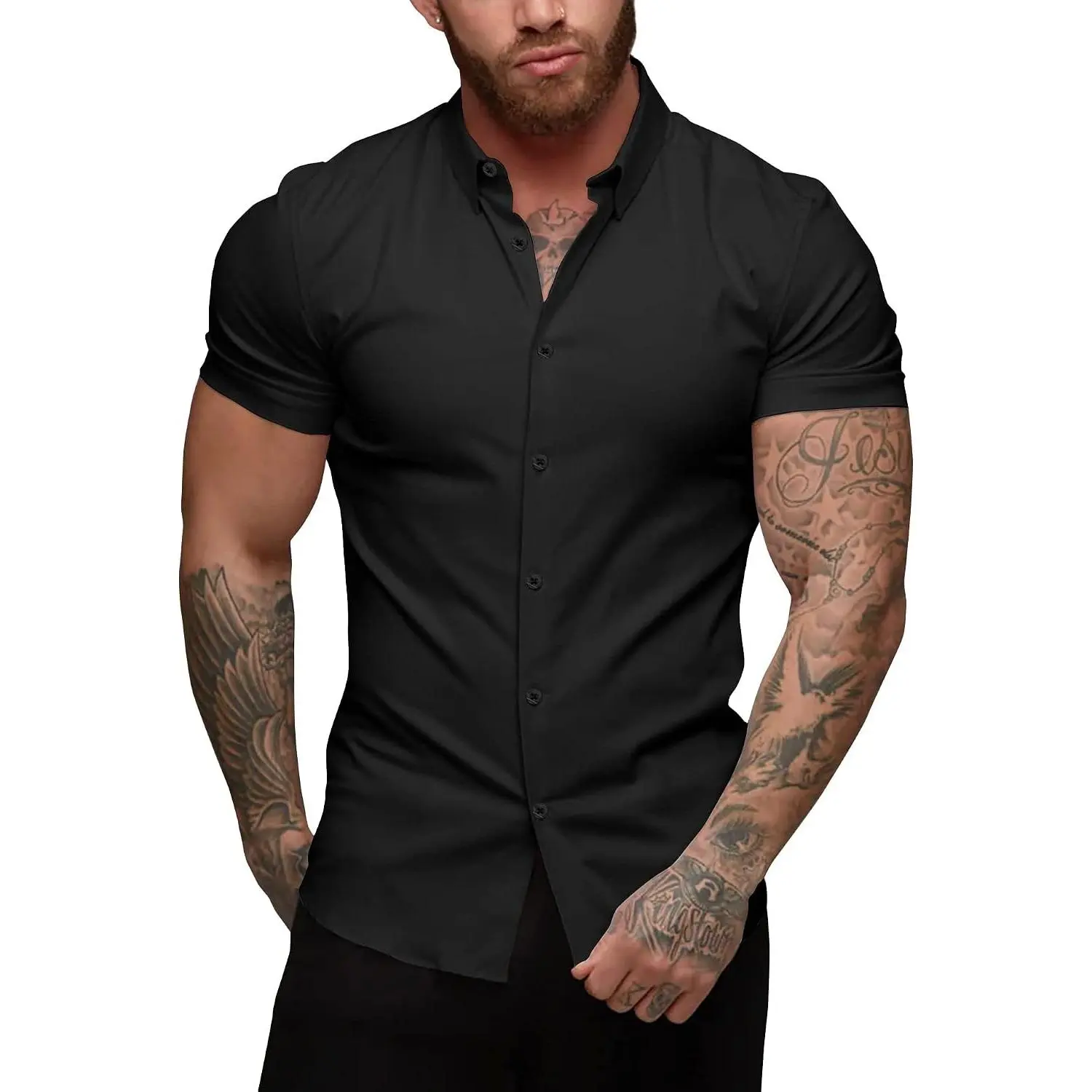 Men's Muscle Dress Shirts Slim Fit Stretch Short Sleeve Casual Button Down Shirts for Men