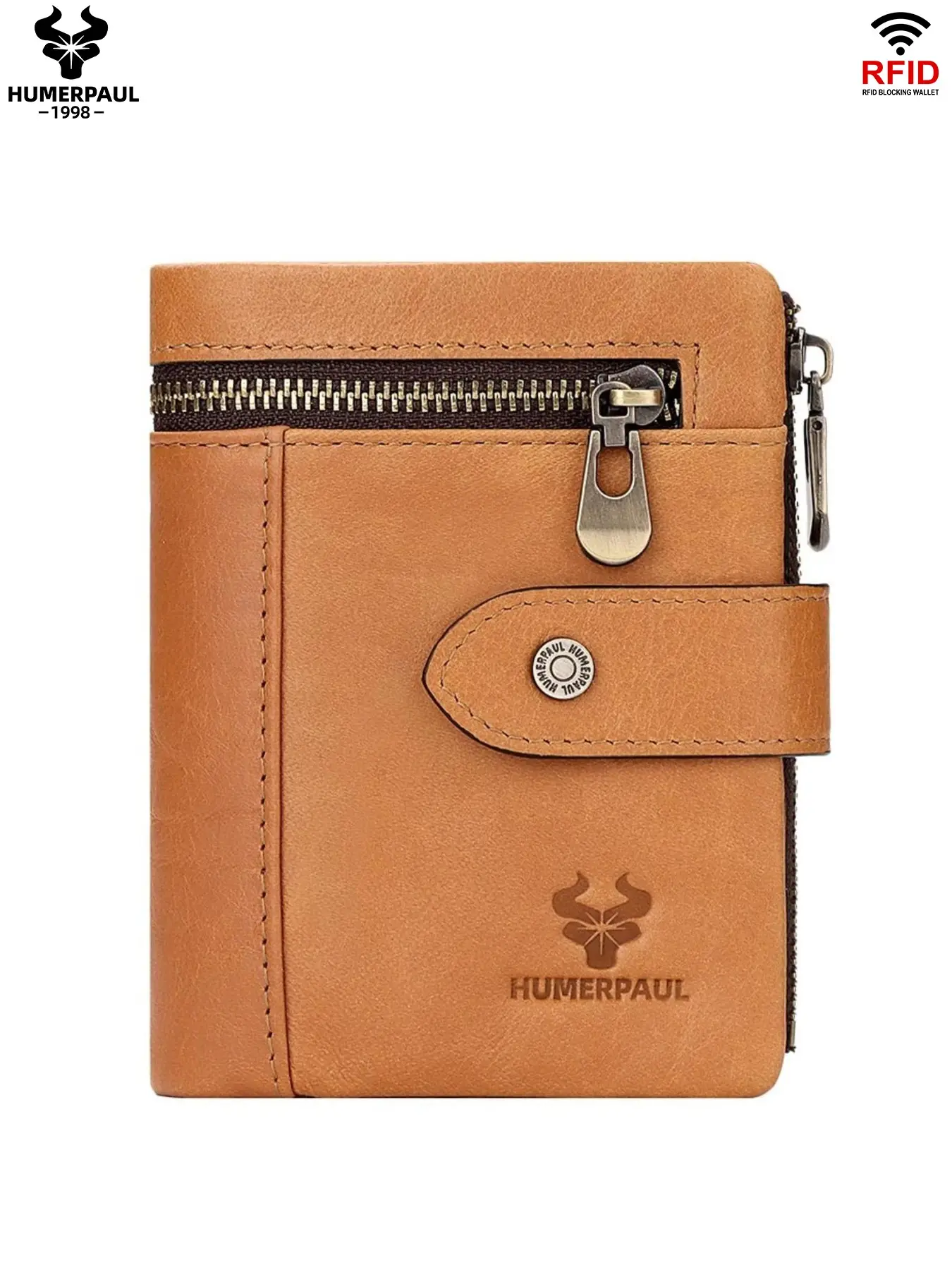 HUMERPAUL Men Leather Wallet Multi-Function Card Holder Photo Window RFID Blocking Dual Zip Fashionable Gift Idea Travel Essential