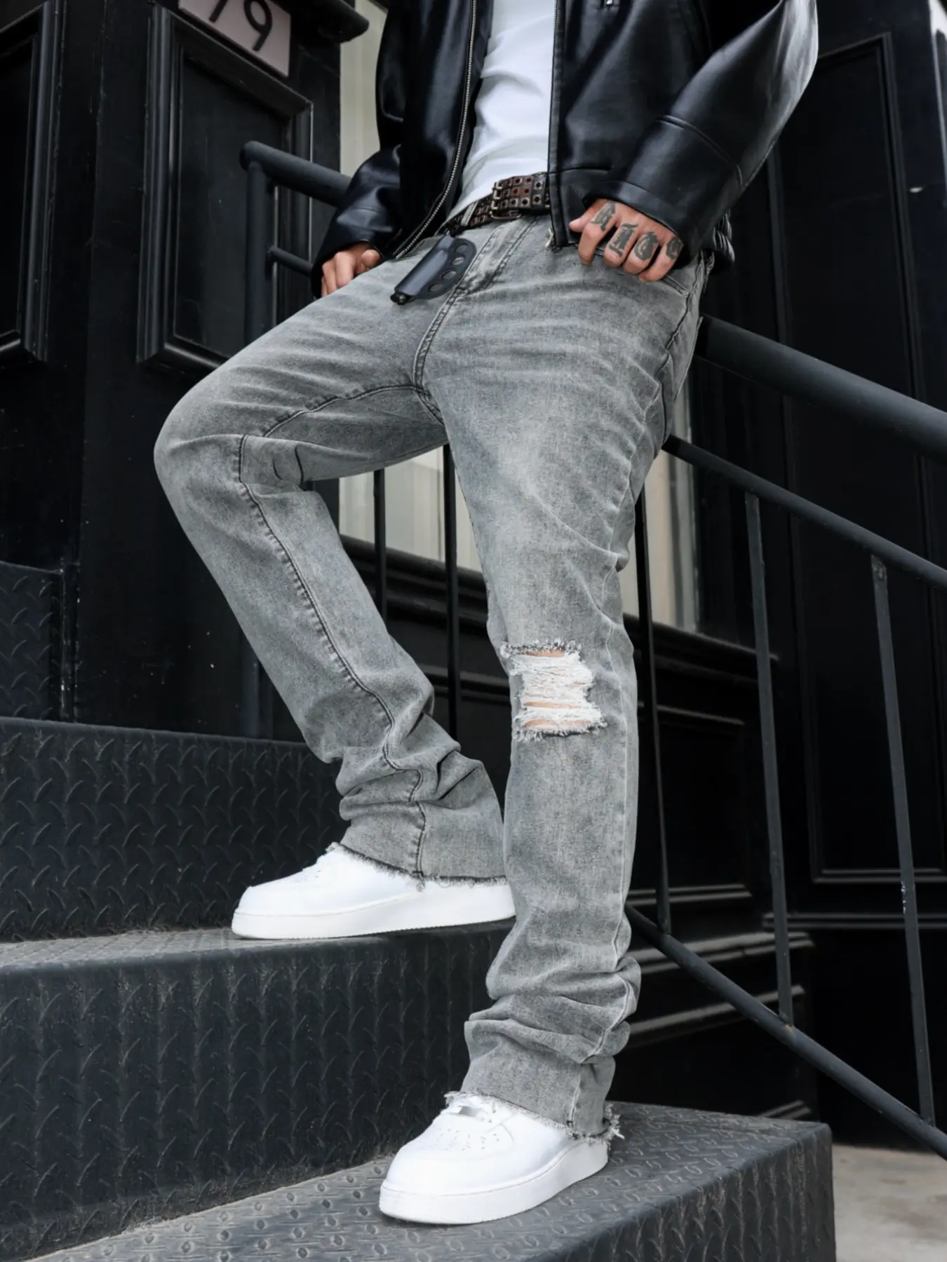 Men's Washed Solid Stretch Patchwork Micro Flare Slim High Street Korean Style Jeans, Comfortably Fitted Denim Jeans for Men