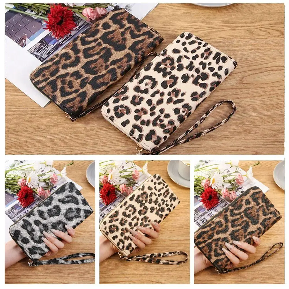Women's High Quality Vintage Leather Leopard Print Wristlet Wallet - Zippered Credit Card Holder, Long Cell Phone Wristlet Purse for Home Organization Storage