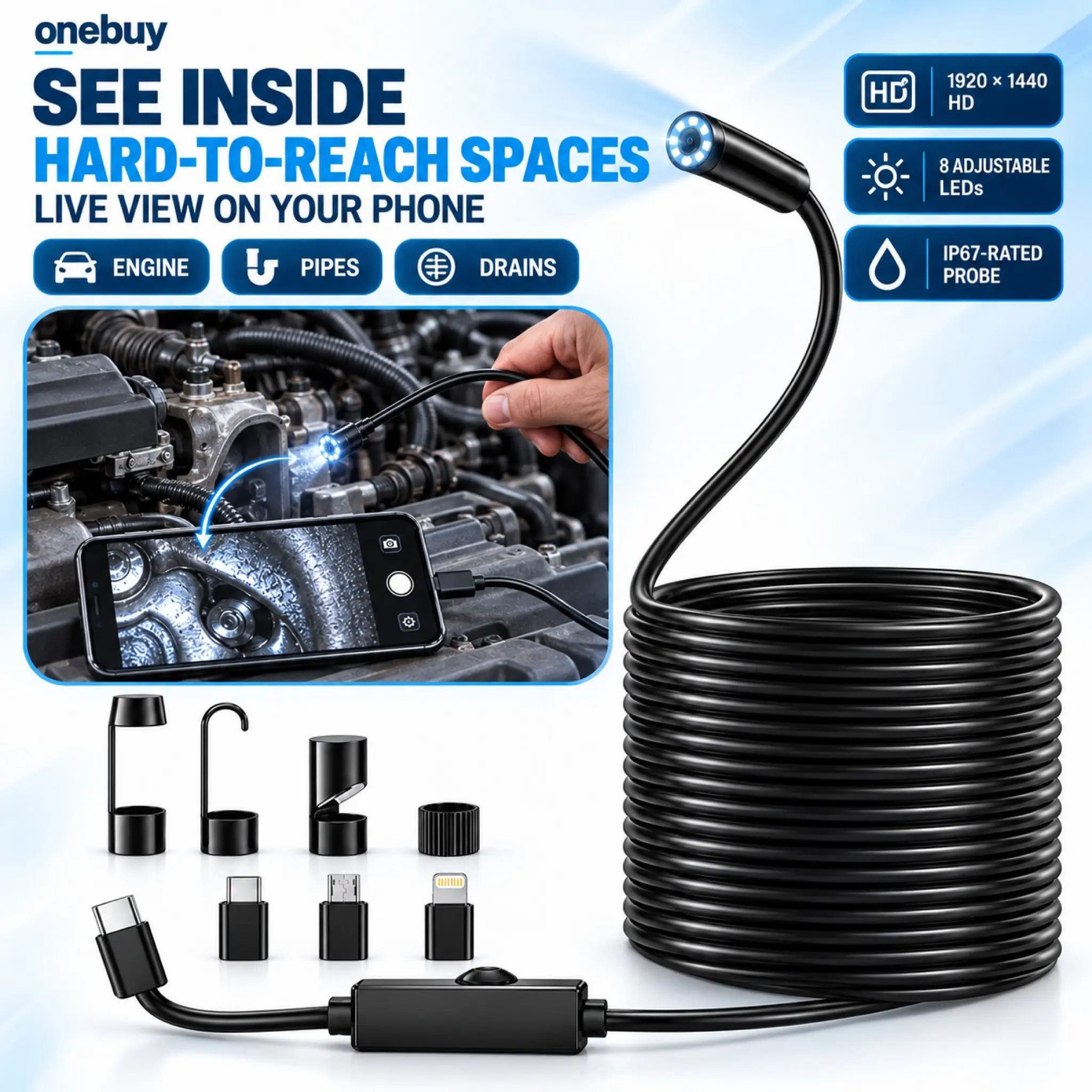 【onebuy】1920P HD Automotive Diagnostic Tool Endoscope Borescope Inspection Camera Probe, w400 Resolution, 8 Adjustable LED Lights, 11.48ft Semi-Rigid Snake Cable, IP67 Waterproof, Plug & Play for iPhone Android Car Inspecting Home Repair