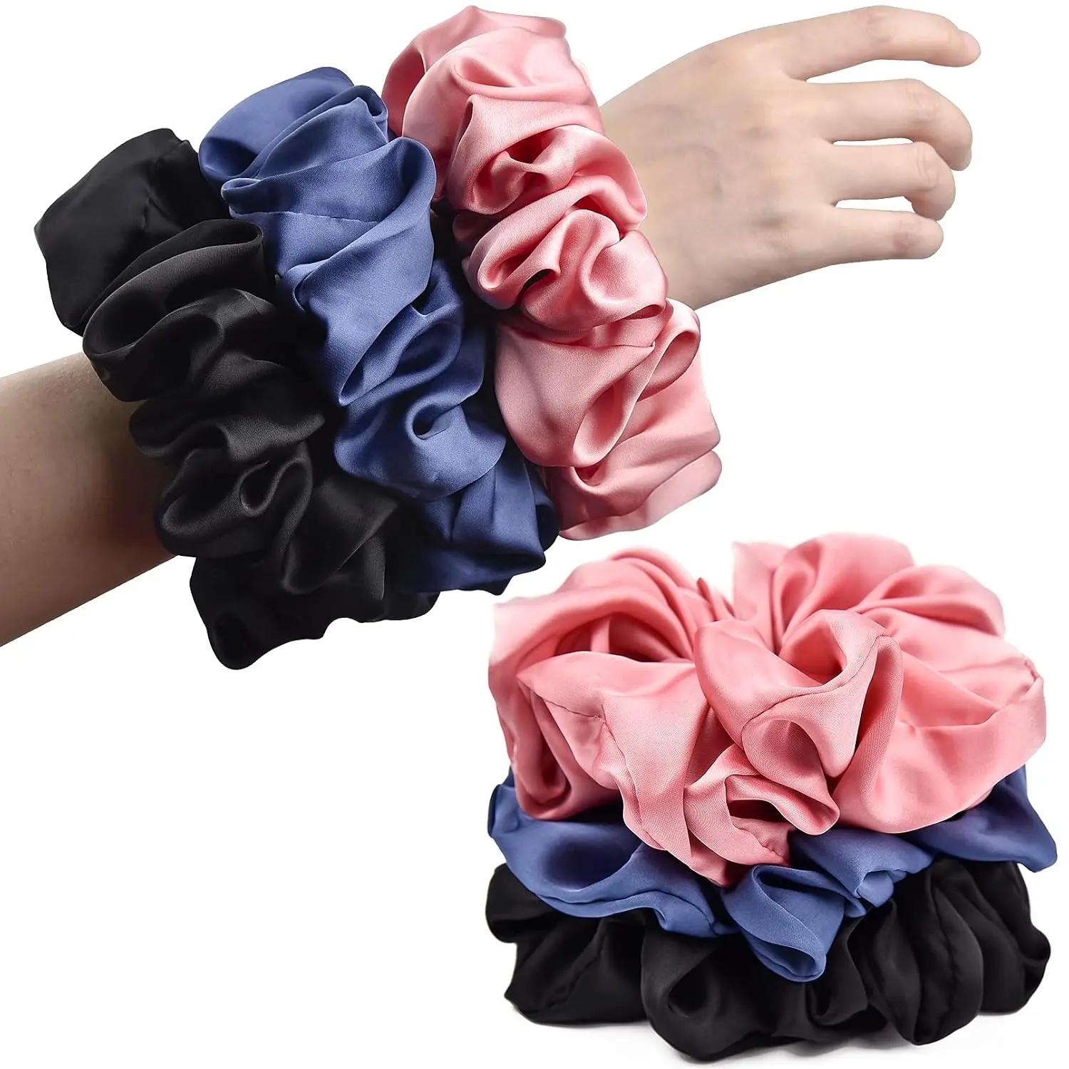 Big Real Silk Scrunchies for Women Large Scrunchie Satin  Silk Thick Elastic Hair Ties  Hair Scrunchies 3 Pack (black,,blue)