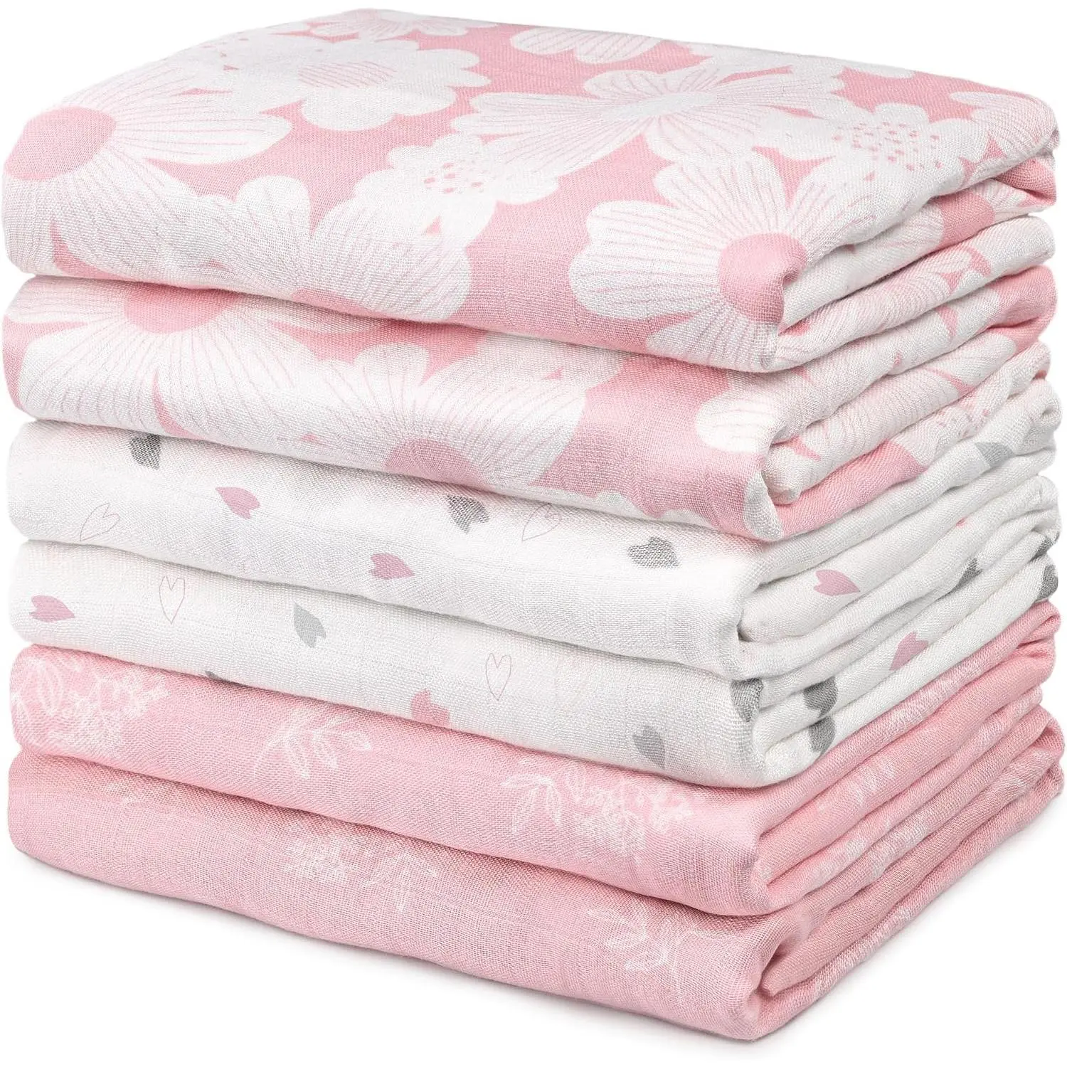 Receiving Blankets Girl Muslin Swaddle Blankets for Newborn | Cotton Squares Baby Blankets, Soft & Thin Swaddle Cloth, Breathable Absorbent Infant Swaddling Wrap - 6 Pack (Rosebud)