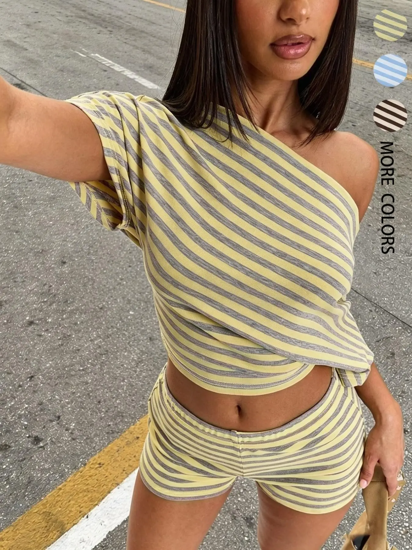 Summer Two Piece Casual Summer Sleepwear High Waisted Lounge Striped Loungewear Matching Set, Off Shoulder Short Sleeve Crop Top & High Waist Elastic Shorts With Horizontal Yellow Gray Stripe Print For Indoor Home Rest Sleep Daily Relax For Women
