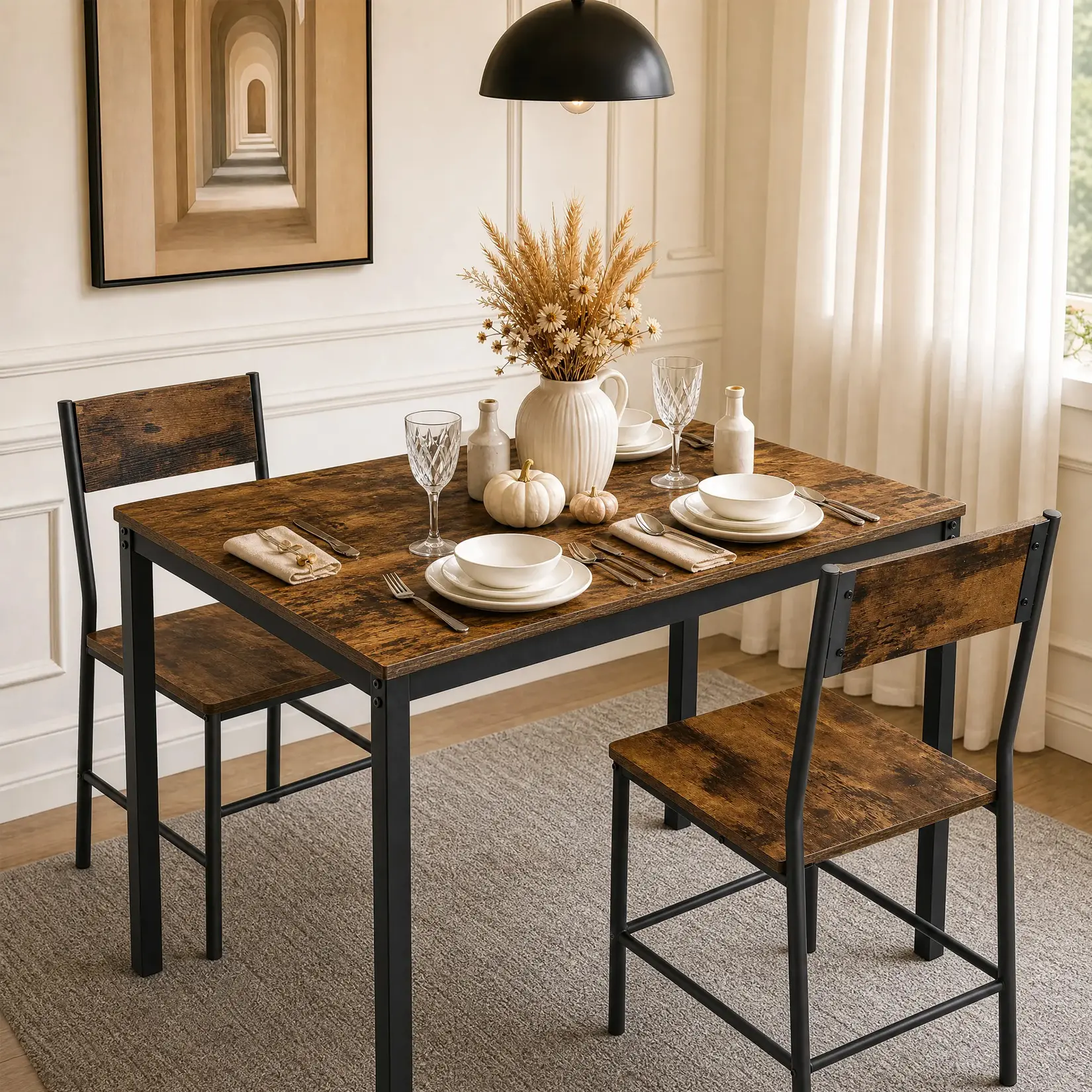 3 Piece Dining Table Set for 2, Small Space Kitchen Table with 2 Wood Chairs for Apartments, Rectangular Dining Room Furniture Set with Metal Frame for Daily Meals, Coffee, Small Gatherings