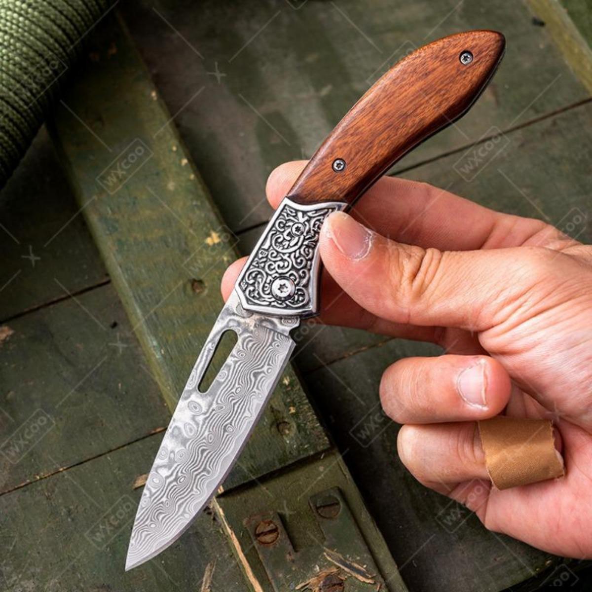 Folding Knife The Wood Handle Pure Manual Damascus Steel Blade Outdoor Camping Pocket Knife