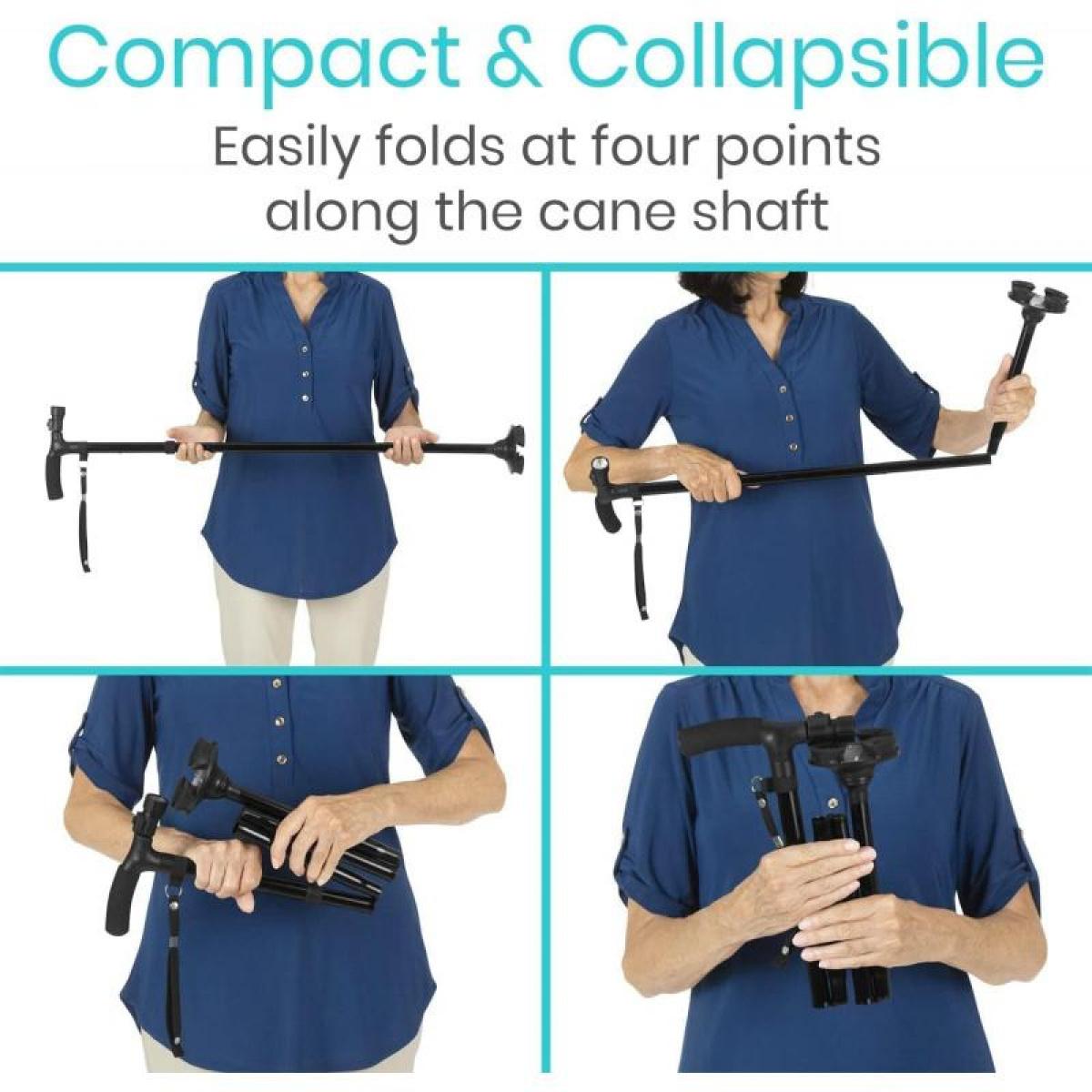 Vive Folding Cane - Adjustable Walking Stick for Men & Women, Swivel Quad Tip, Lightweight Heavy Duty Balance Aid, Compact Collapsible, Ergonomic Grip, Wrist Strap, 33"-38" Height Adjustable Tool