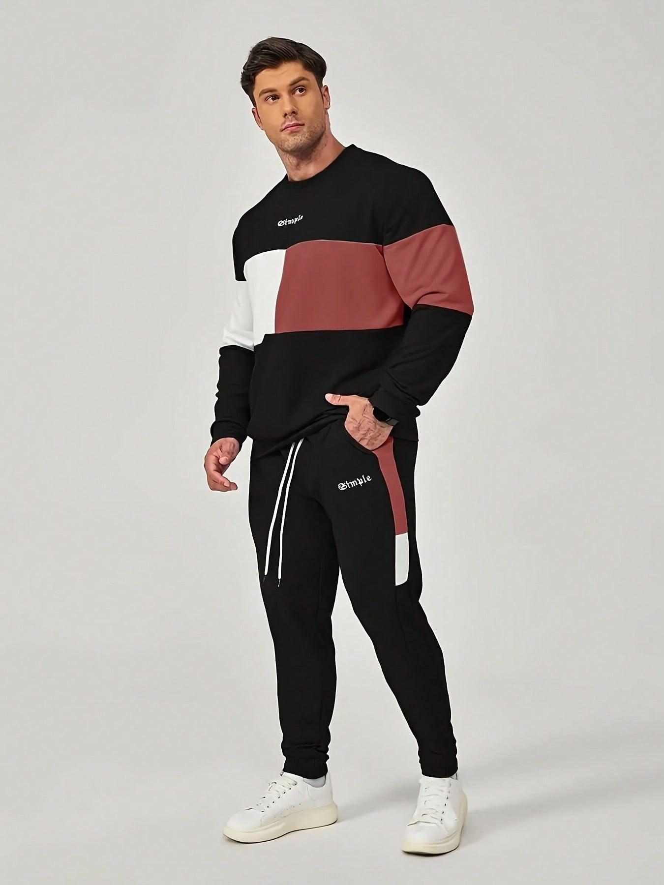 Men's color blocked 2-piece set, casual round neck long sleeved sweatshirt and sweatpants jogging pants set for winter and autumn, men's clothing