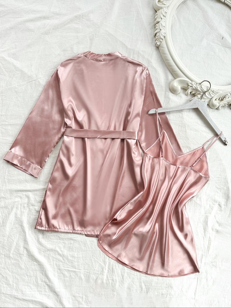 Women's Solid Belted Satin Pyjama Two-piece Set, Long Sleeve Cami Night Dress & Robe Pj Set, Women's Sleepwear for All Seasons