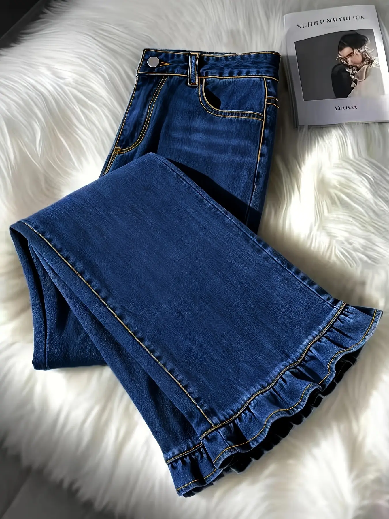 Kcgh Plus Size Women's High Waist Ruffle Micro Flare Jeans, Elastic Vintage Washed Blue Denim Long Pants, Daily Streetwear Casual Pants