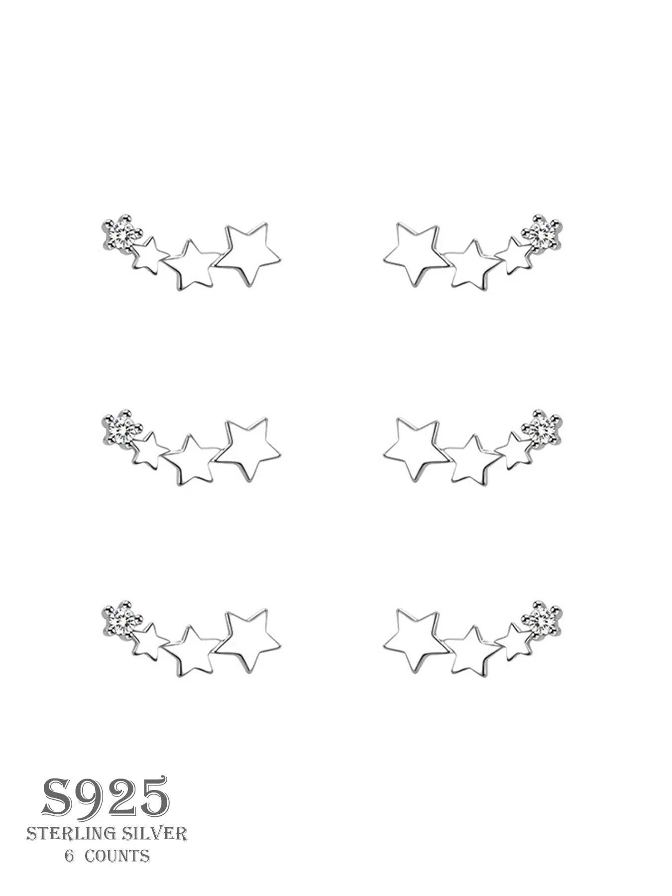 S925 Sterling Silver Stars Design Pretty Studs Earrings, High Quality Earrings, Gifts for Girlfriend, Gifts for Her, Fashionable Earrings for Women & Girls, Trendy All-match & Exquisite Jewelry for Birthday Gift, Elegant Minimalist Earrings